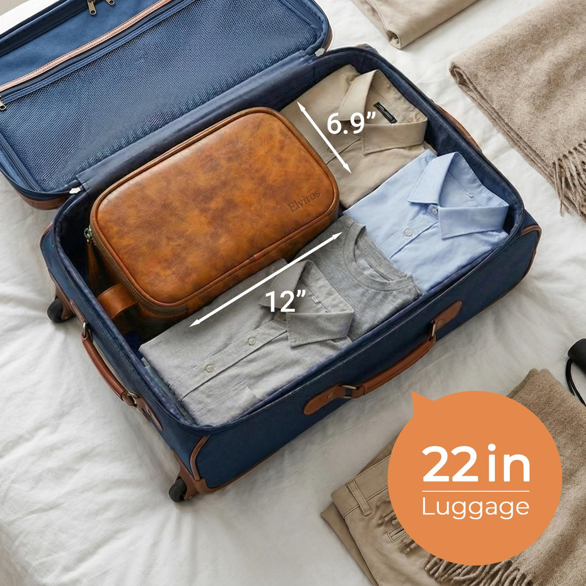 Elviros toiletry bag in use on hotel counter providing organized travel convenience
