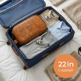 Elviros toiletry bag in use on hotel counter providing organized travel convenience