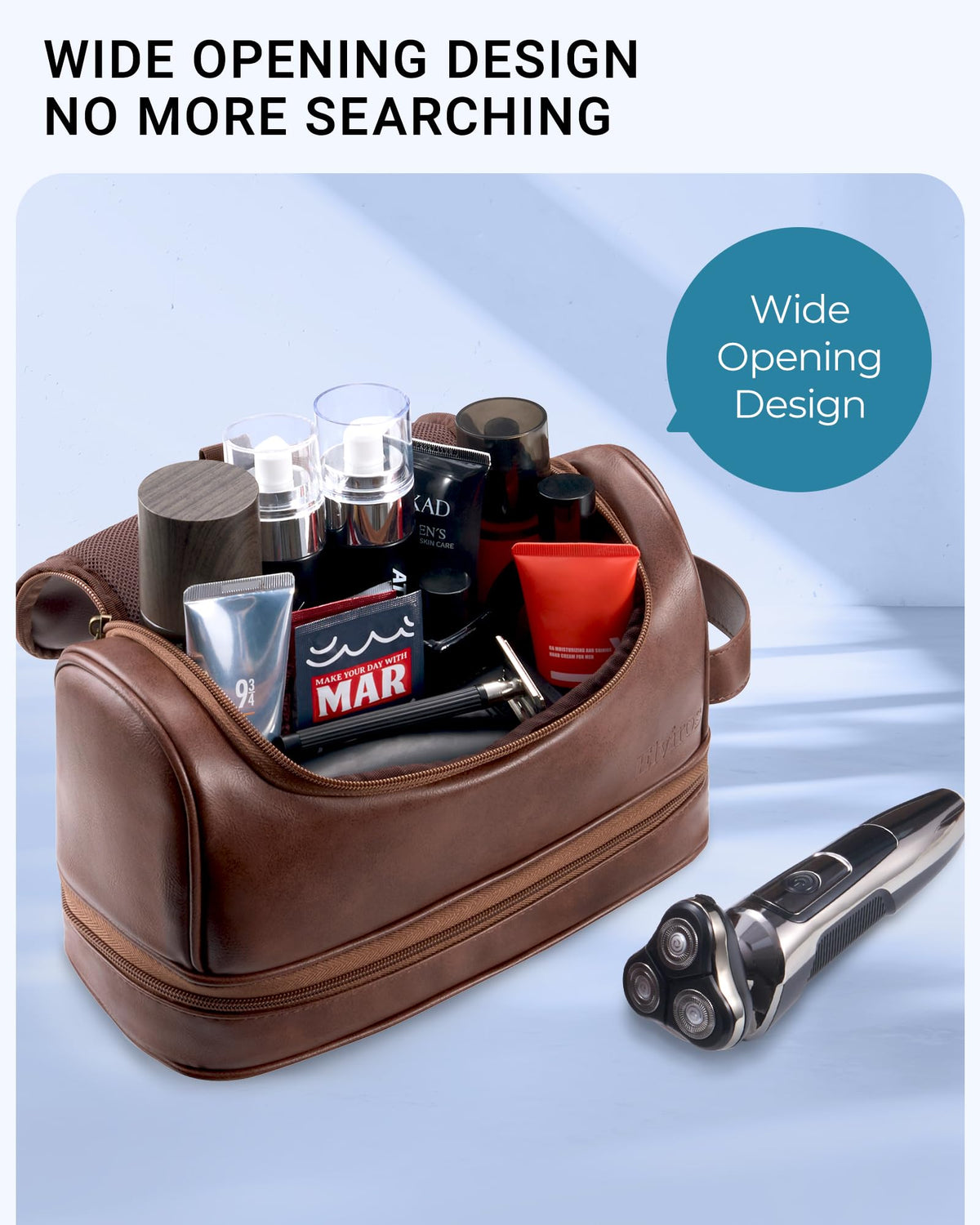 Elviros top-open view with toiletries visible illustrating easy access and organized compartments