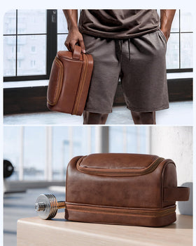 Elviros lifestyle shot on bathroom counter showing refined look and travel-ready organization