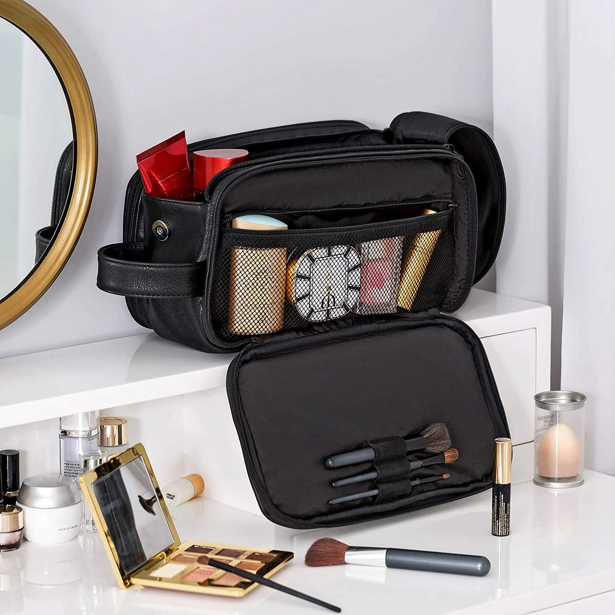 Elviros toiletry bag inside suitcase for tidy travel packing