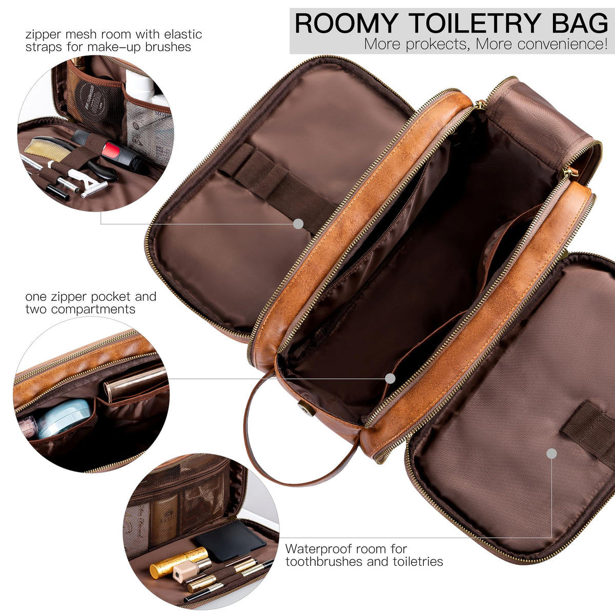 Elviros open main compartment displaying pockets for razors, bottles and cords