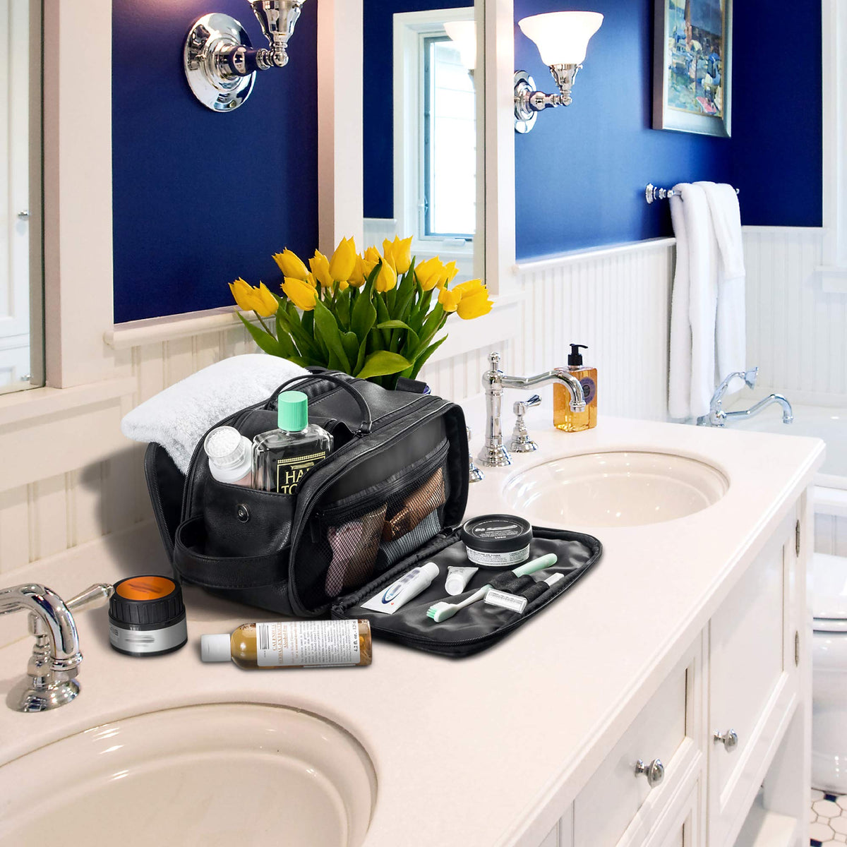 Elviros bag next to toiletries illustrating true size and capacity