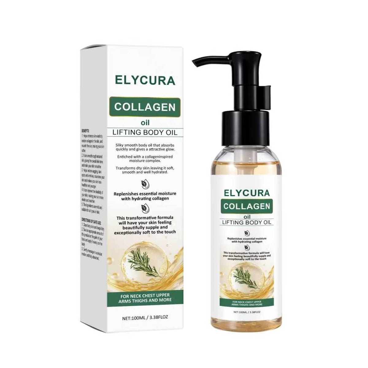 Elycura Collagen Oil front packaging showing bottle and label, conveys travel-ready hydration