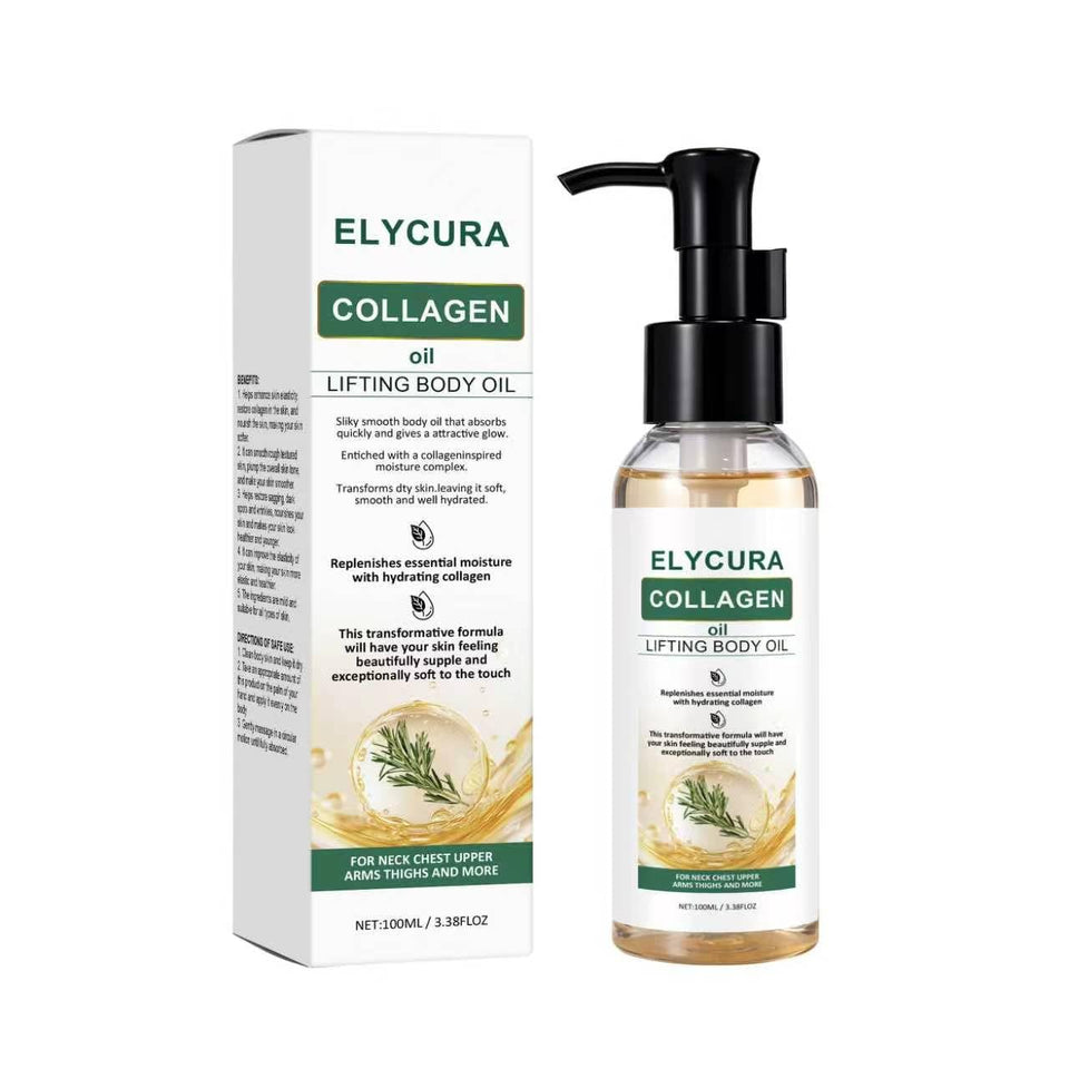 Elycura Collagen Oil front packaging showing bottle and label, conveys travel-ready hydration