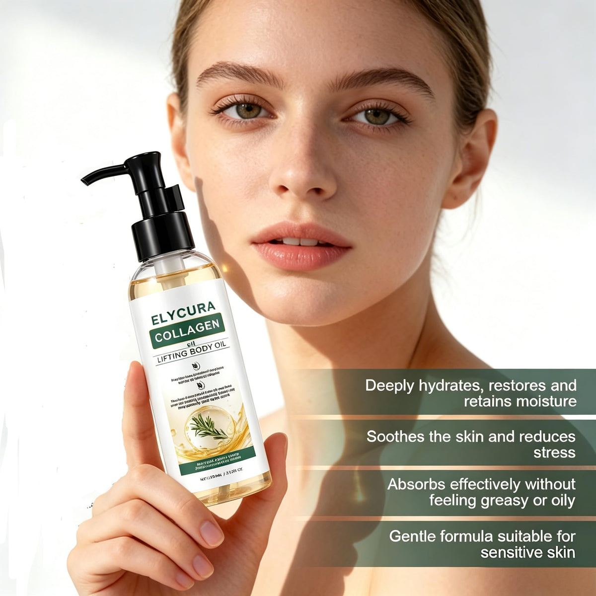 Elycura Collagen Oil texture drop on skin showing lightweight finish and quick absorption