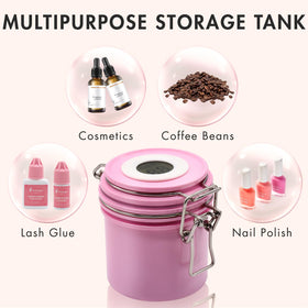 Embagol storage tank in use on a salon counter protecting multiple lash glues