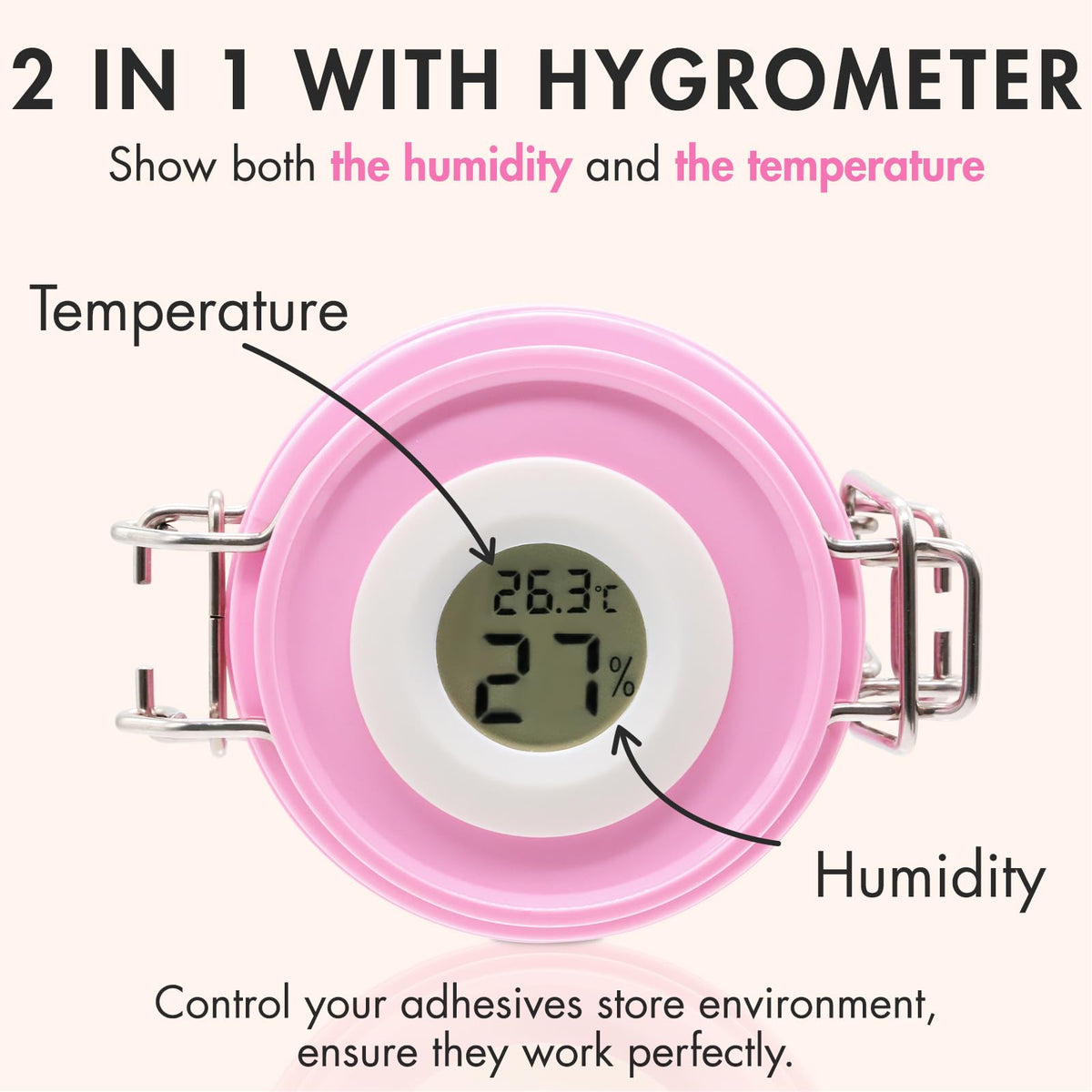 Embagol lid gauge close-up displaying thermometer and hygrometer for adhesive monitoring