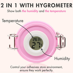 Embagol lid gauge close-up displaying thermometer and hygrometer for adhesive monitoring