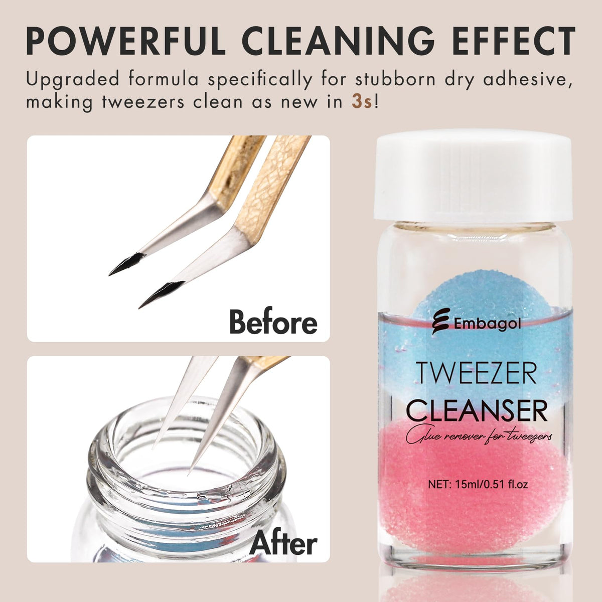 Embagol cleaner with tweezer tip dipped demonstrating quick glue removal