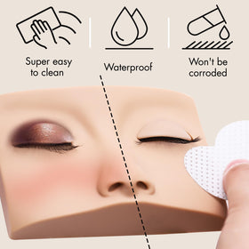 Embagol mannequin with tweezers demonstrating precise lash application practice