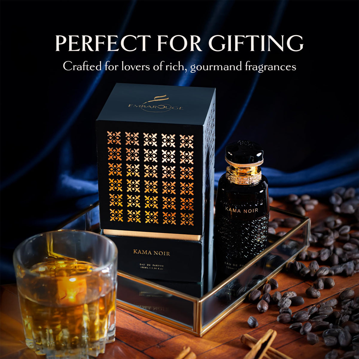 EMBAROUGE vanilla and praline texture close-up conveying creamy gourmand warmth