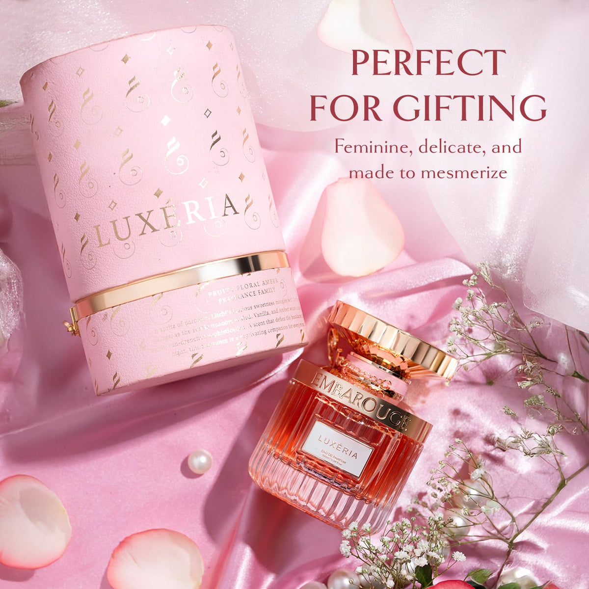 EMBAROUGE LUXERIA floral ingredients arrangement illustrating fresh top notes