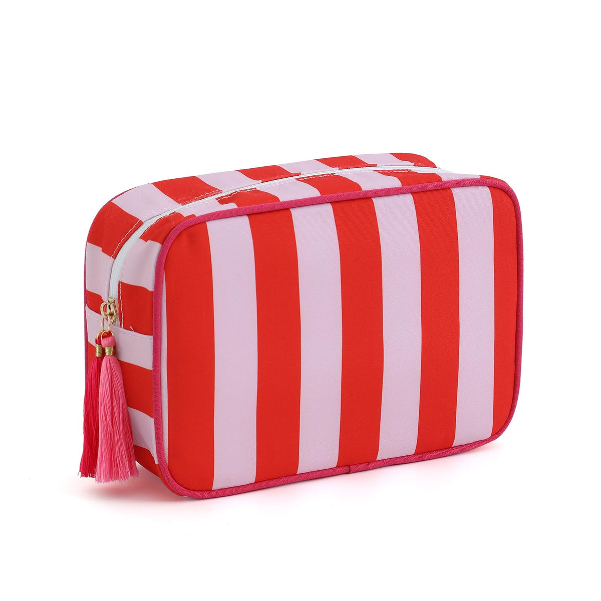 EMBRUNIOICE front view of striped canvas cosmetic bag, stylish and durable
