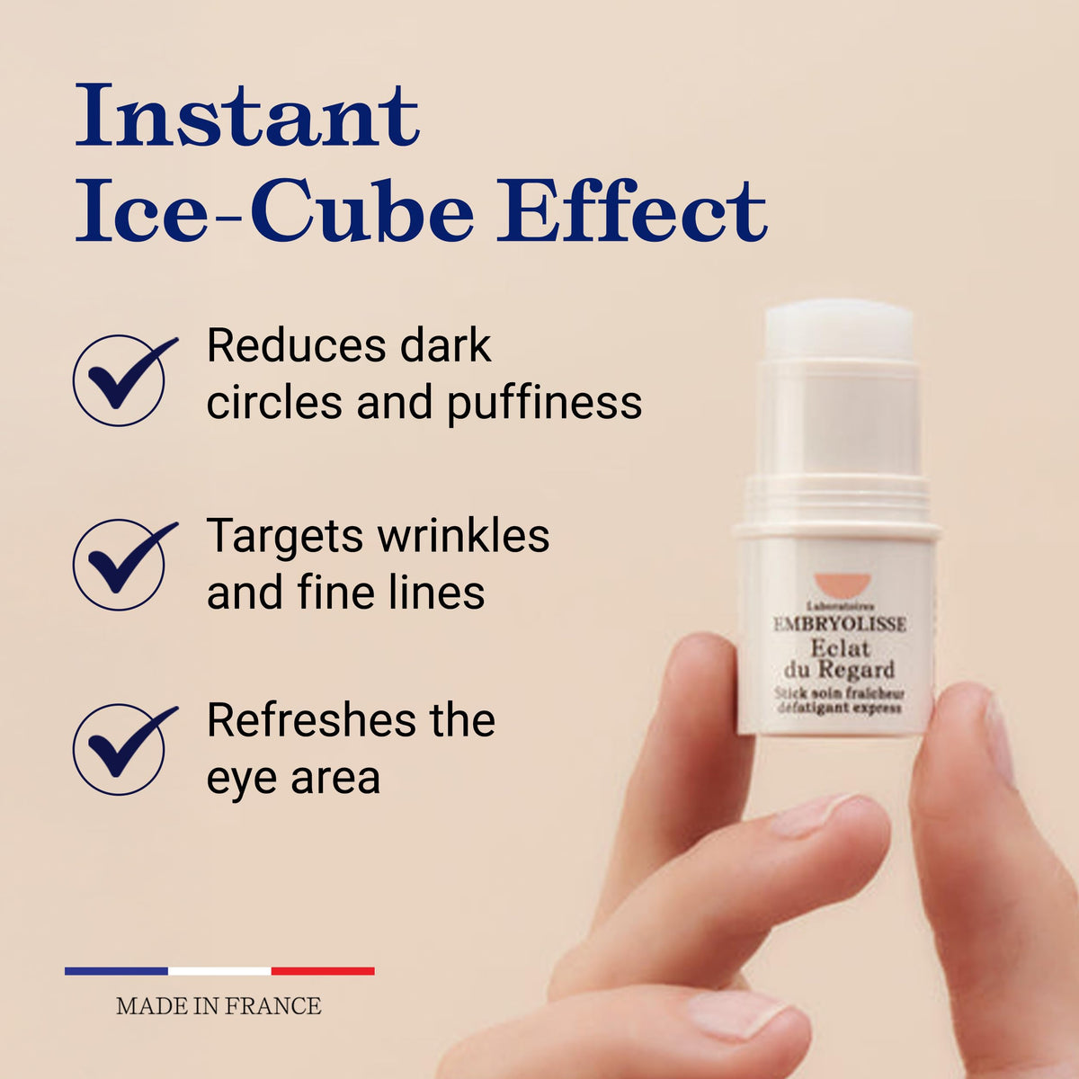 Embryolisse applying stick under eye demonstrating targeted cooling and de-puffing benefit