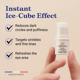 Embryolisse applying stick under eye demonstrating targeted cooling and de-puffing benefit