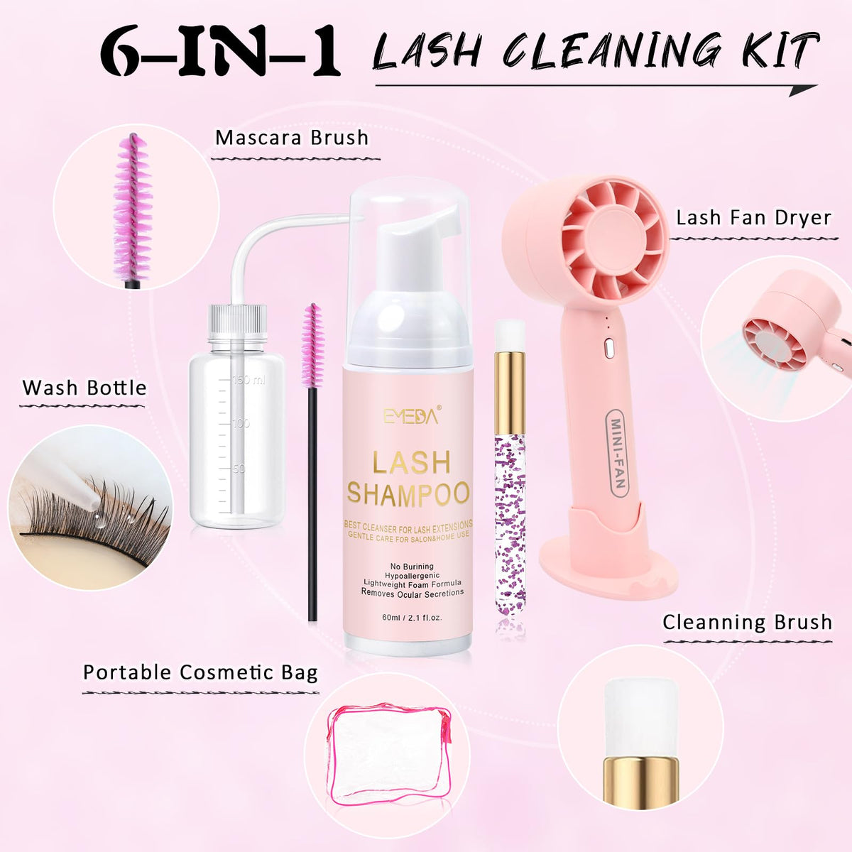 EMEDA 60ml rose-scented lash shampoo bottle close-up showing label and liquid clarity