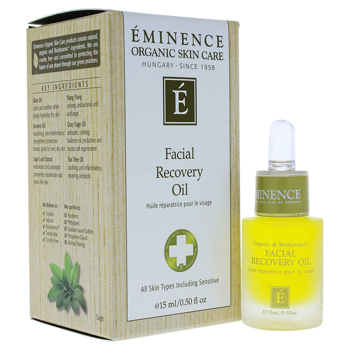 Eminence bottle front view showing label and compact 0.5 oz size for easy travel