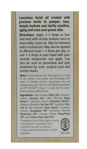 Eminence oil surrounded by key botanicals, emphasizing natural calming ingredients