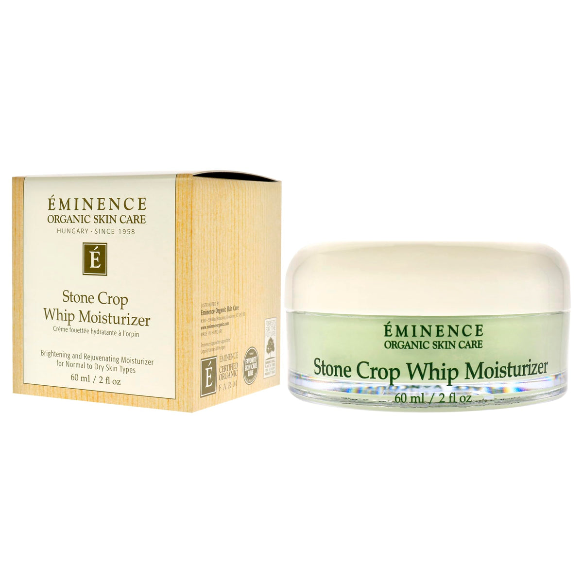Eminence size comparison with hand showing 2 fl. oz jar, indicates travel-friendly benefit