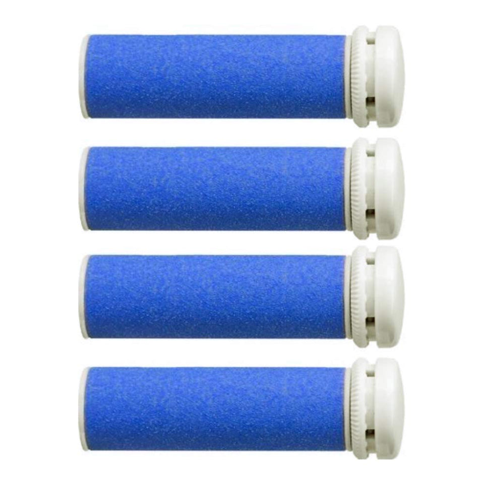 Emjoi extra coarse roller pack showing four blue replacement heads and benefits