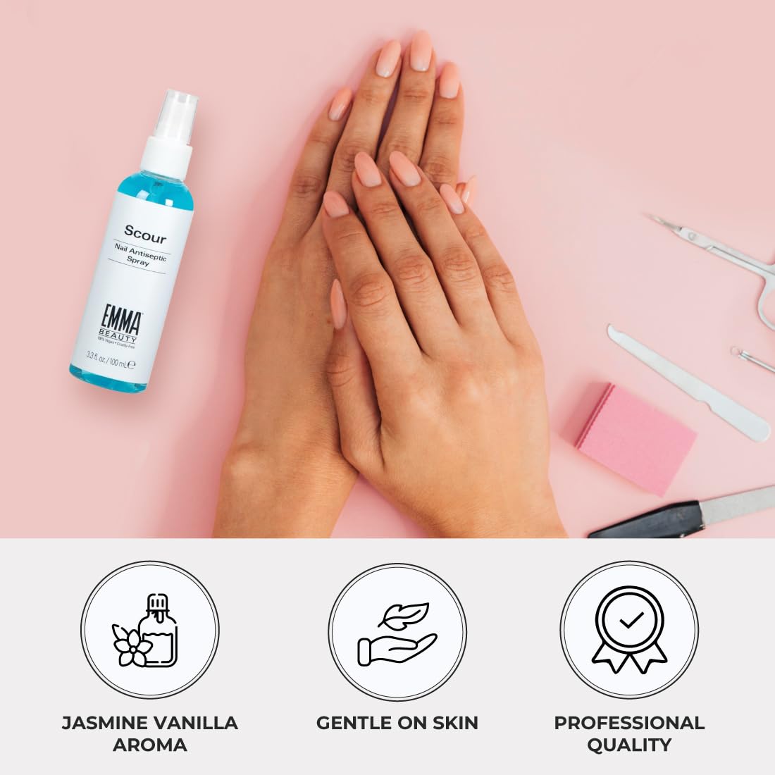 EMMA Beauty cleaning a nail brush with spray, removes gel residue effectively