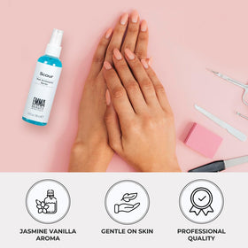 EMMA Beauty cleaning a nail brush with spray, removes gel residue effectively