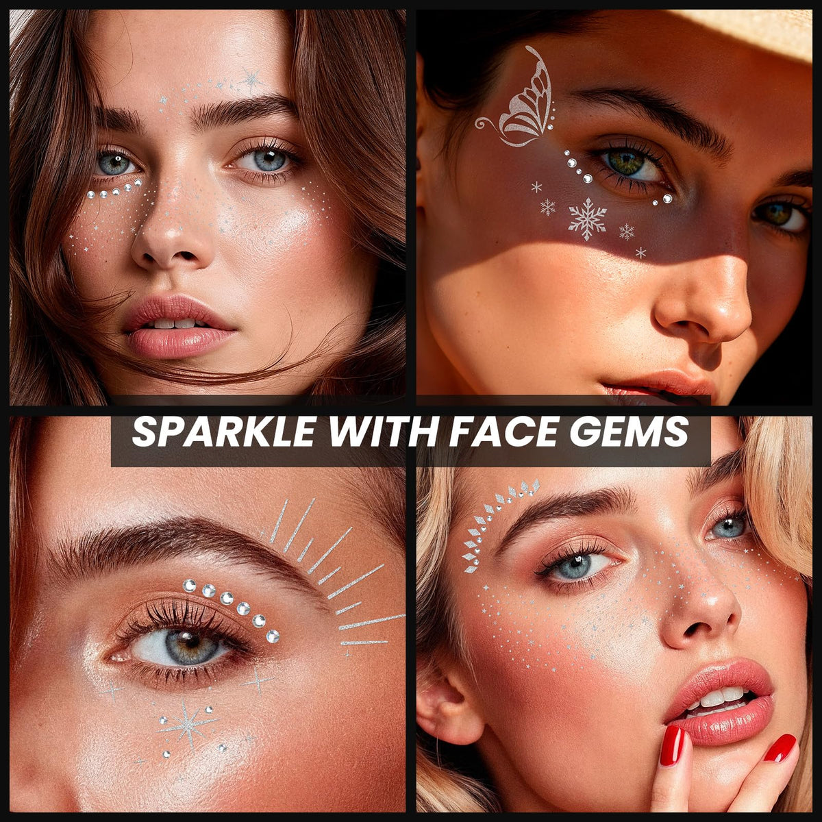 EMOME full festival makeup look with glitter freckles and gems, eye-catching