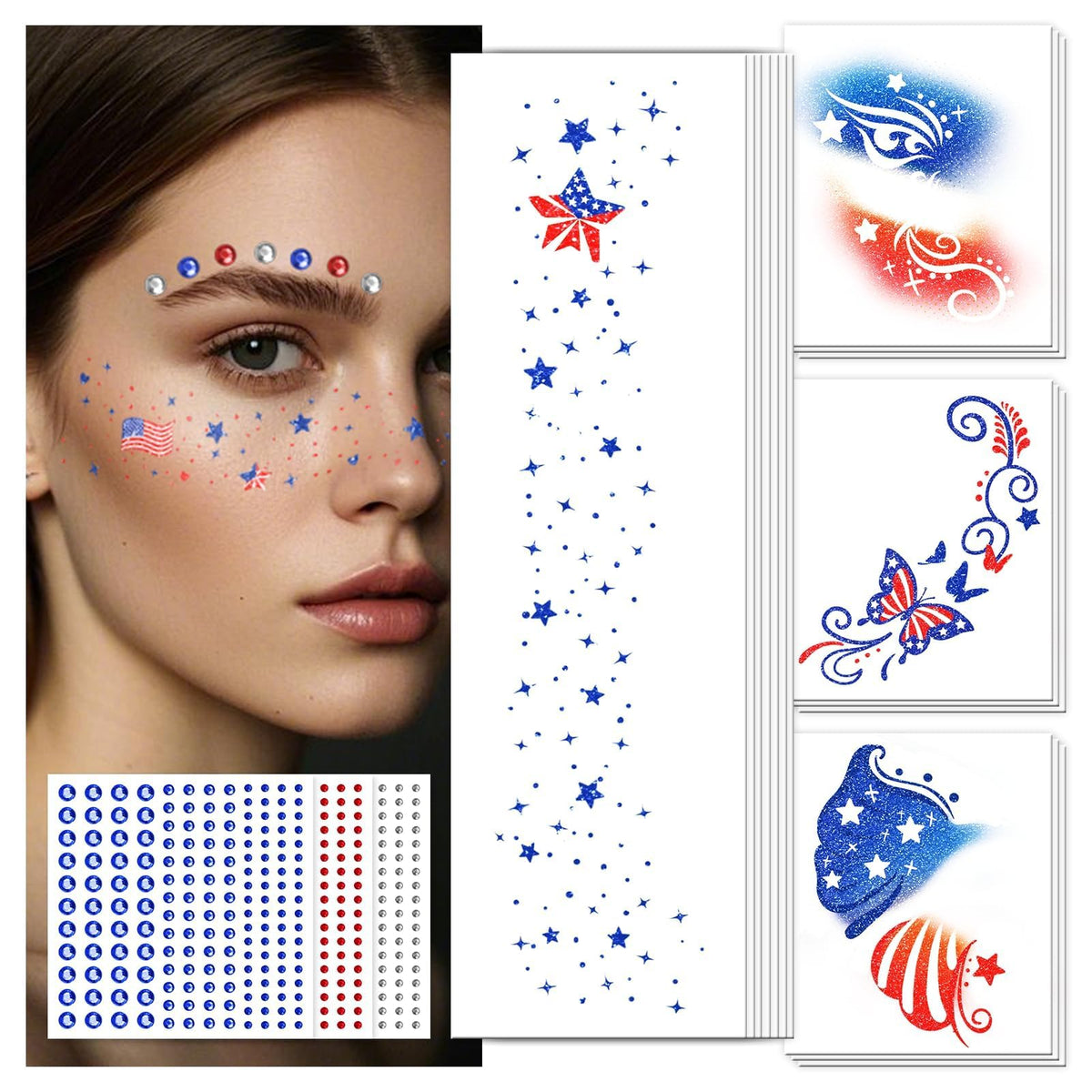 EMOME front packaging showing full patriotic tattoo and gem kit, ready for parties