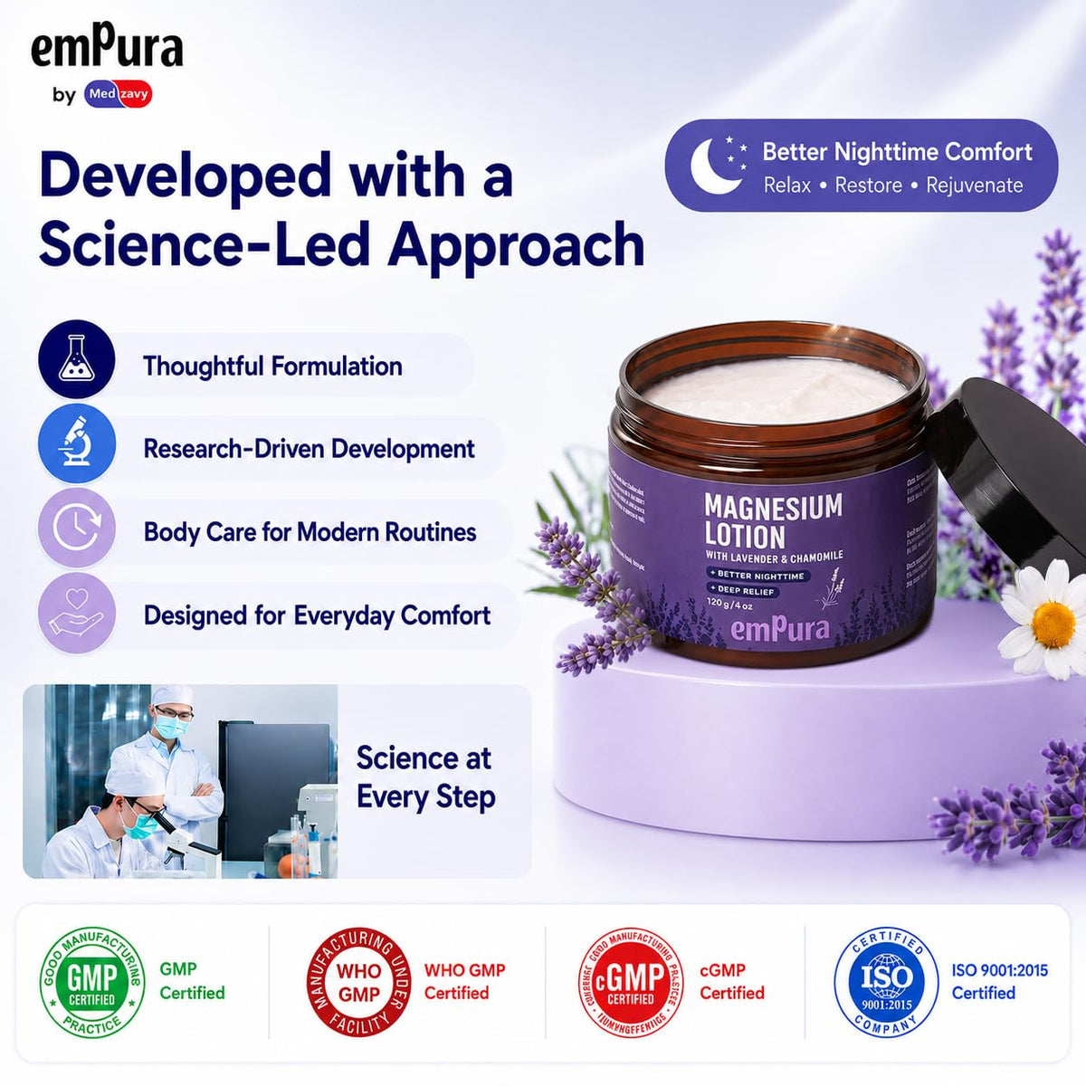 EMPURA open lid with cream visible, smooth formula for massage