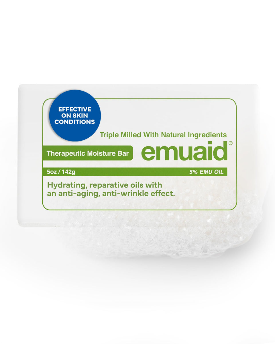 emuaid front packaging showing medicated moisture bar, highlights gentle relief