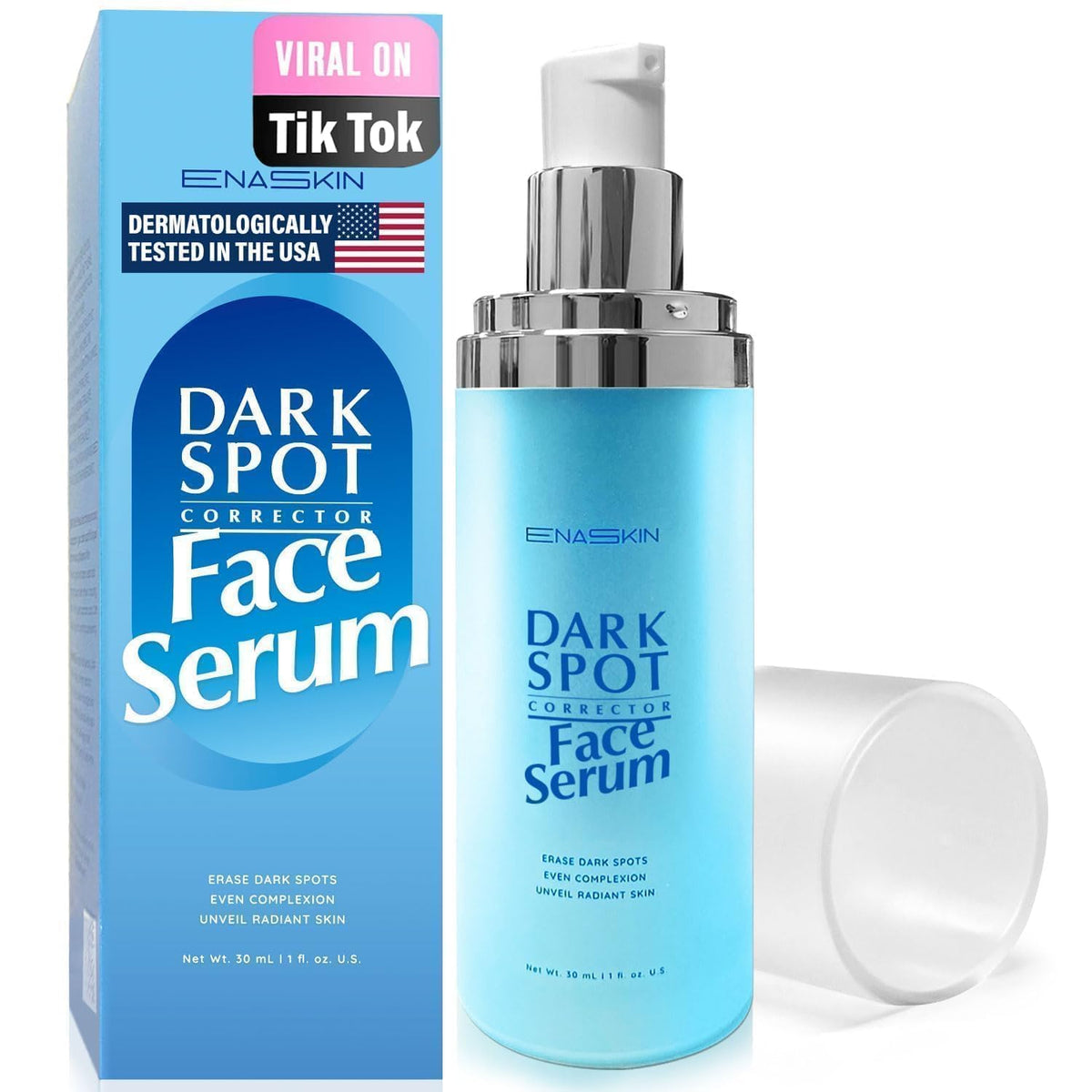 EnaSkin front packaging showing the serum bottle and branding benefit clarity