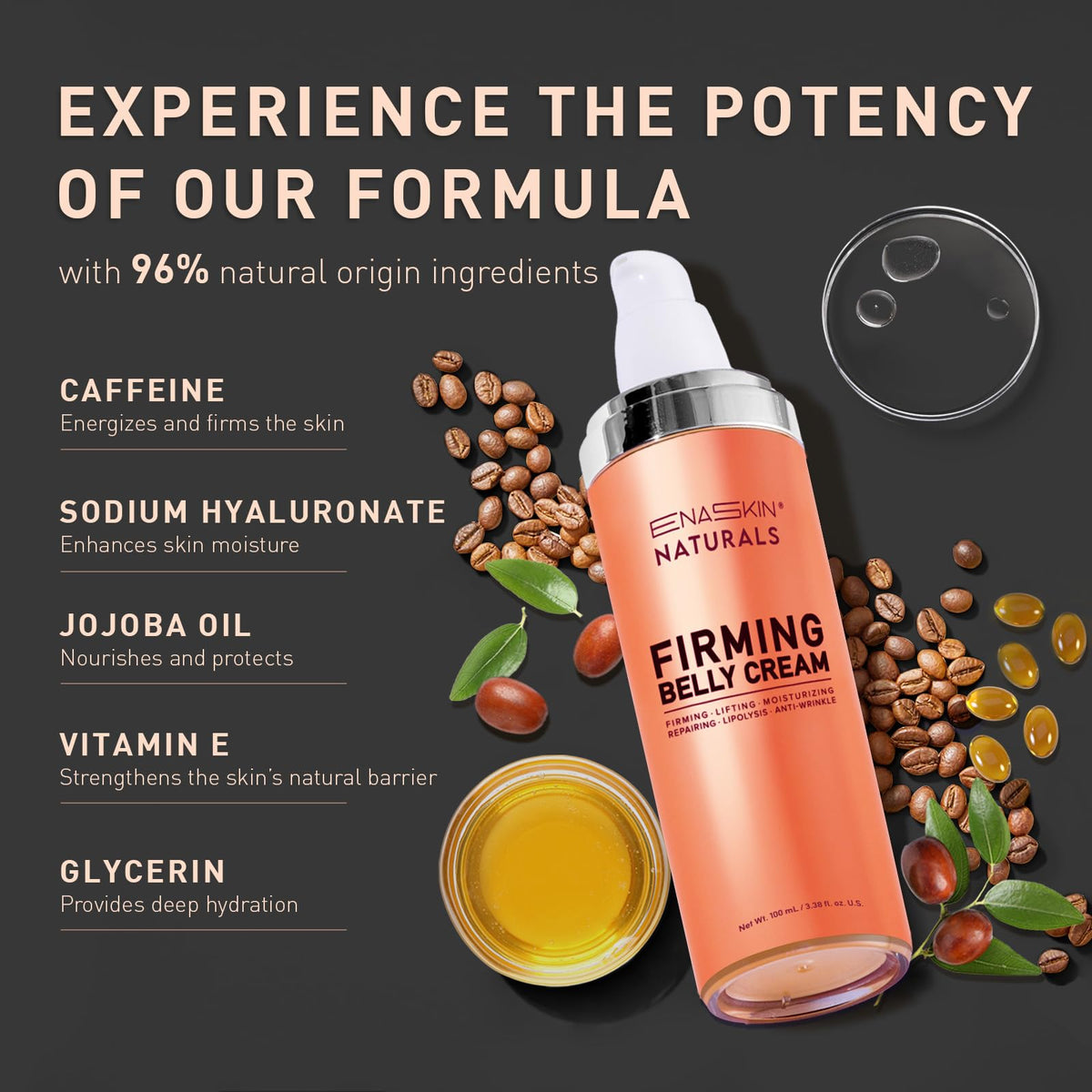 Enaskin Naturals application on belly illustrating targeted firming and hydration