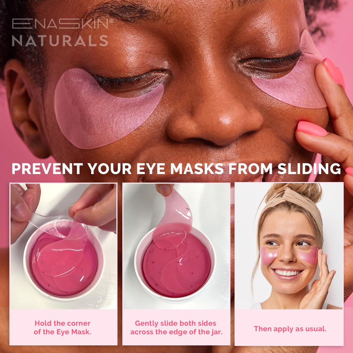Enaskin Naturals ingredient display with caffeine and hyaluronic acid benefits