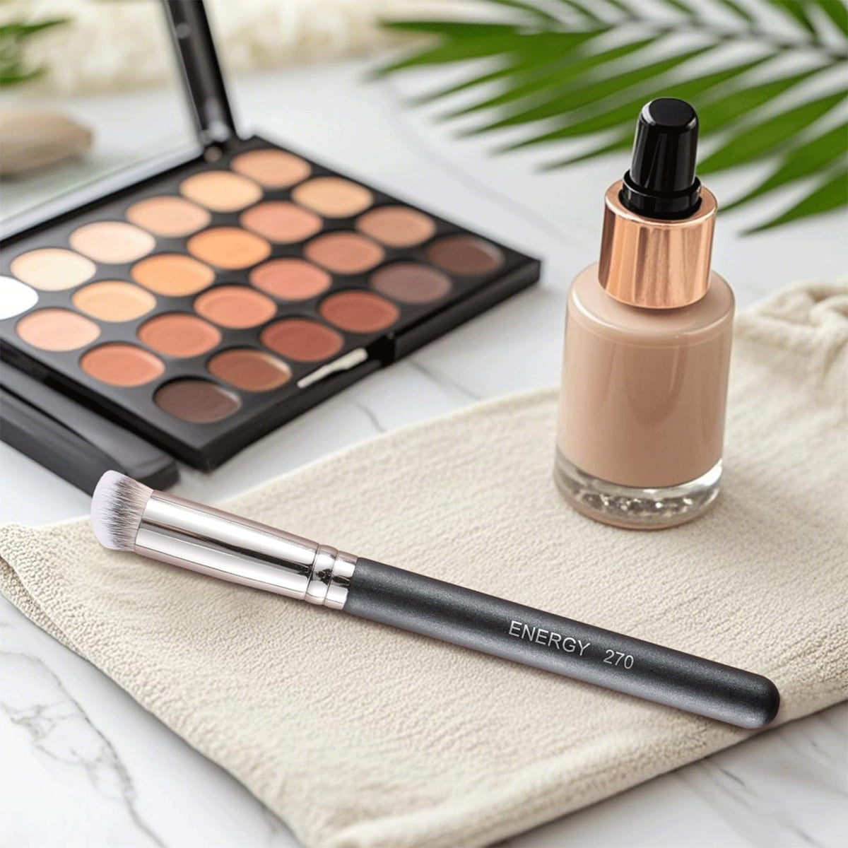 ENERGY brush in travel bag portraying on-the-go touch-up convenience