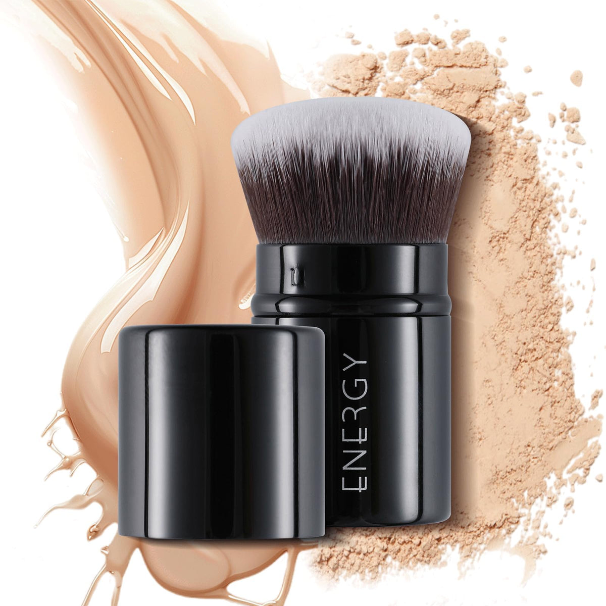 ENERGY kabuki brush front view showing compact travel-ready design and protective cap