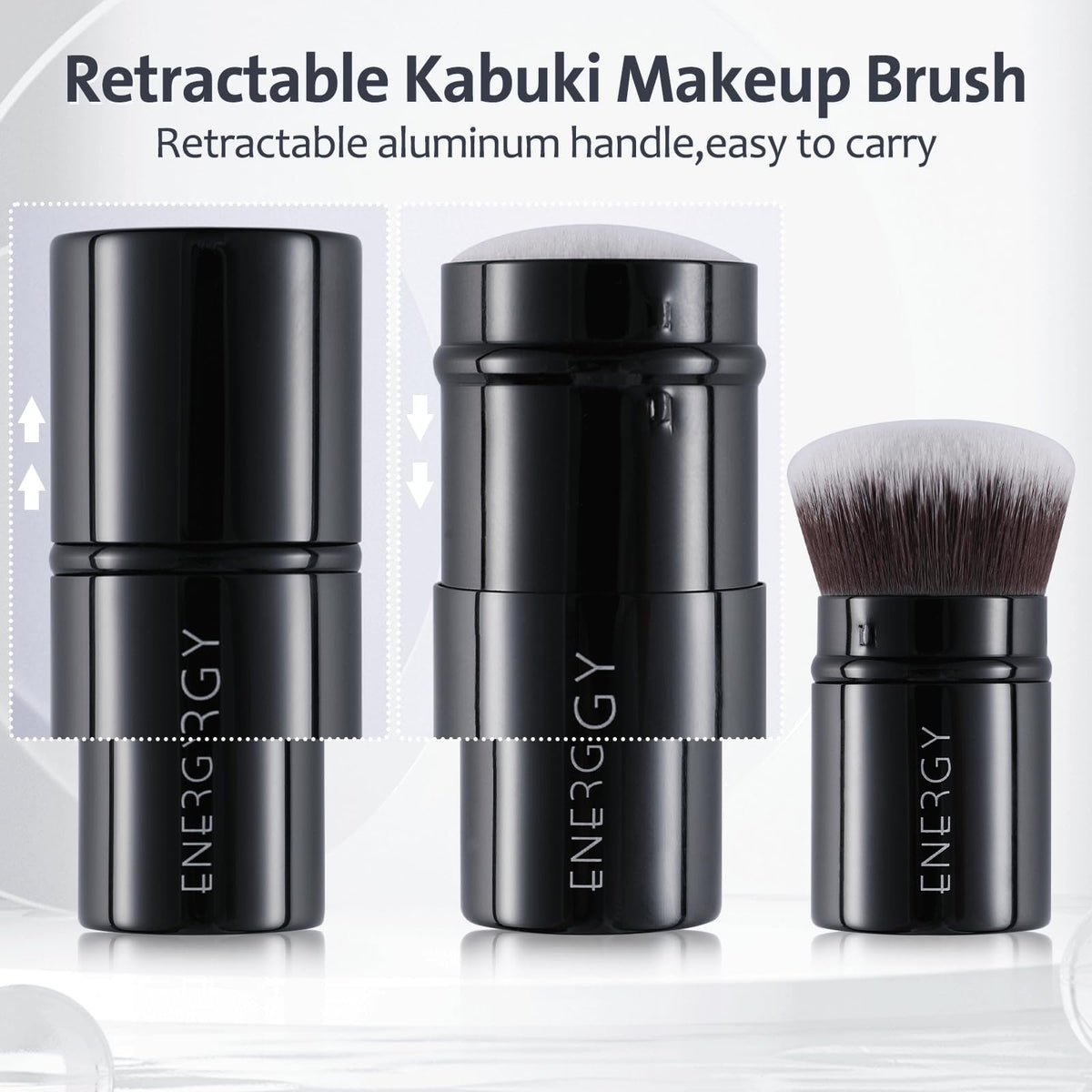 ENERGY kabuki brush with handle extended ready for full-length use and comfortable grip