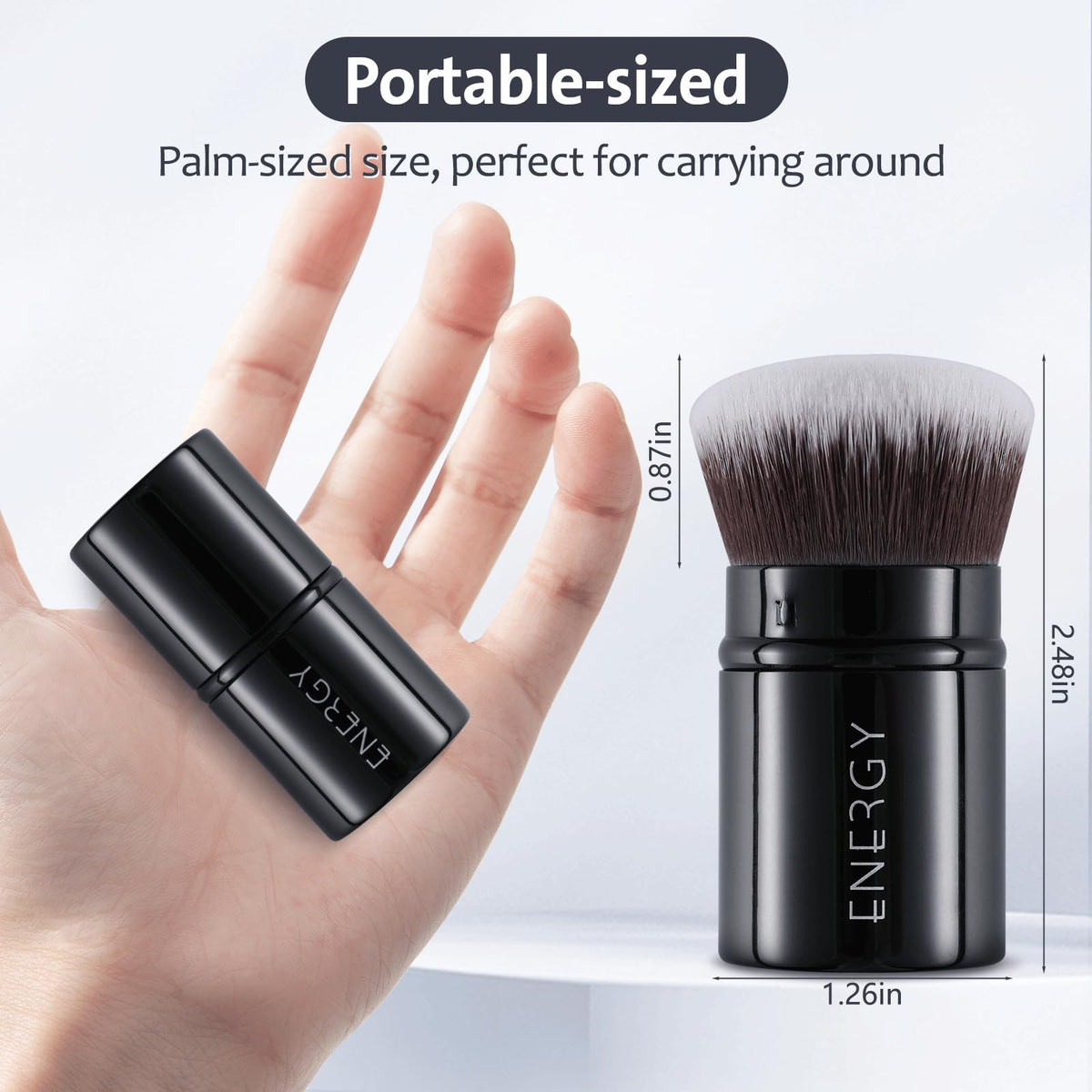 ENERGY kabuki brush with handle retracted protecting bristles and preventing powder mess