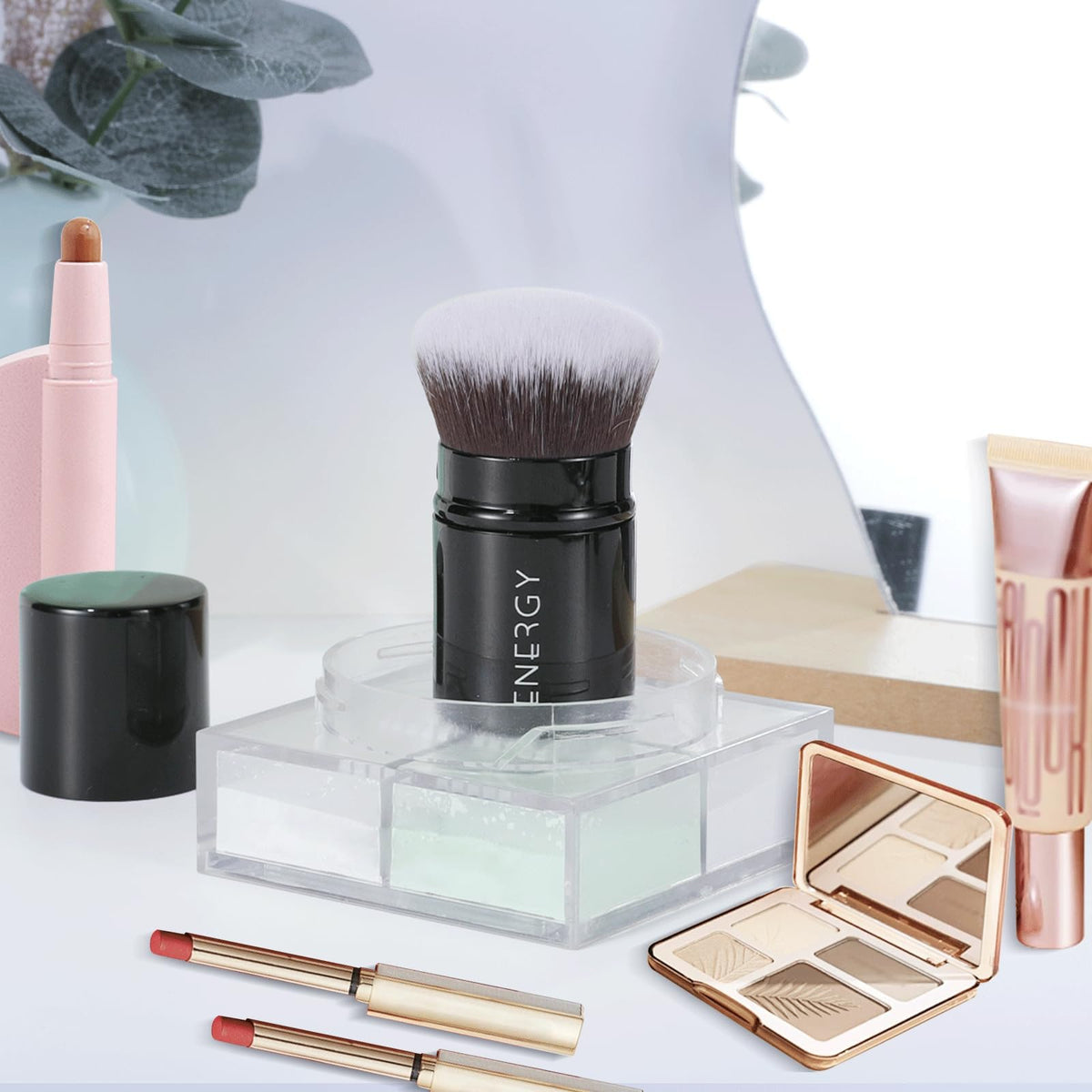 ENERGY kabuki brush inside a travel case illustrating tidy storage and mess prevention