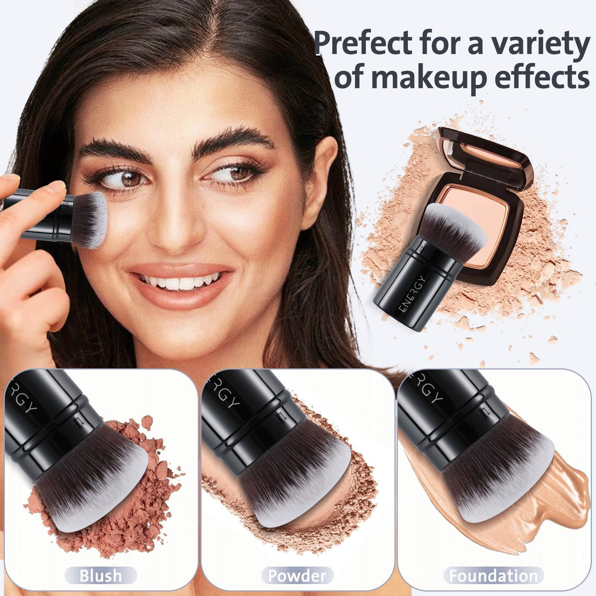ENERGY kabuki brush with loose powder demonstrating clean pickup and even distribution