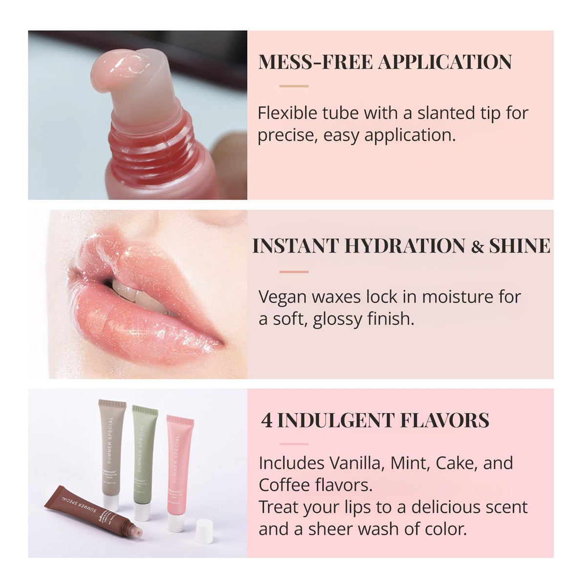 Enfuntins worn on lips in vanilla shade displaying natural tint and glossy finish