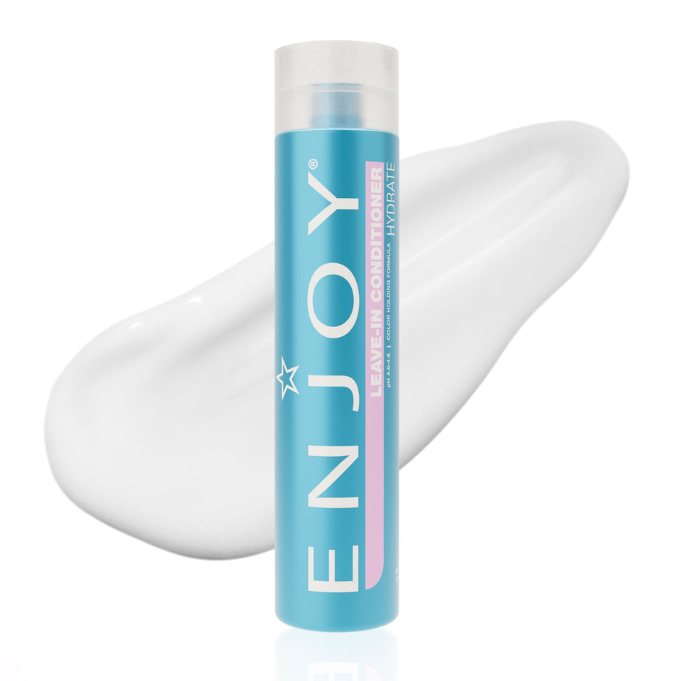Enjoy leave-in conditioner front packaging showing bottle and label, clear benefits