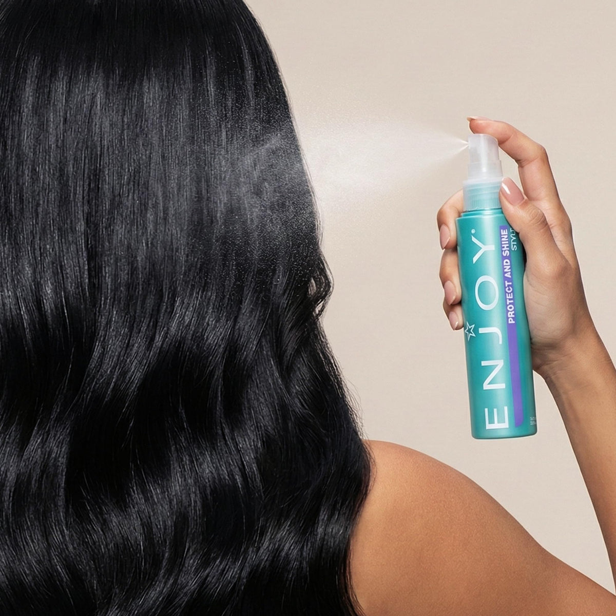 Enjoy in styling scene on vanity illustrating soft, shiny finished hair