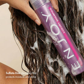 Enjoy shampoo texture closeup highlighting gentle lather and moisturizing clarity