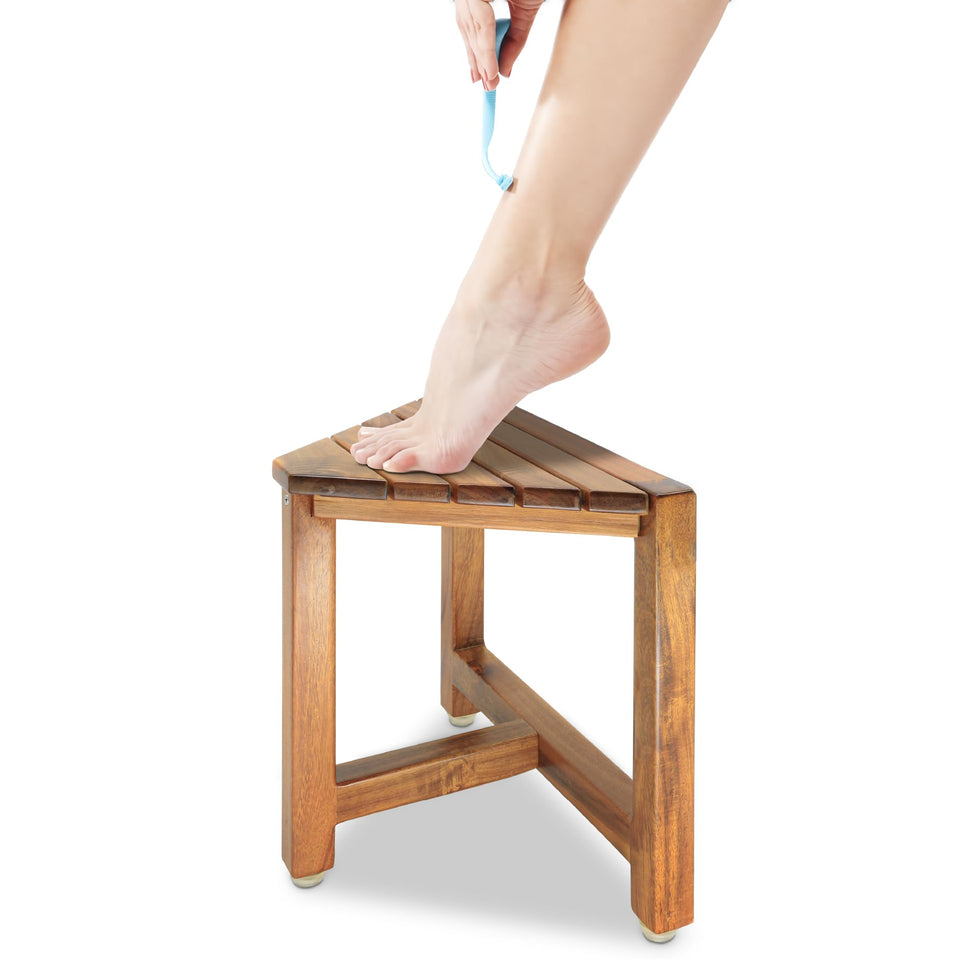 ENKEZI front view of shower foot rest showing compact seat and storage benefit