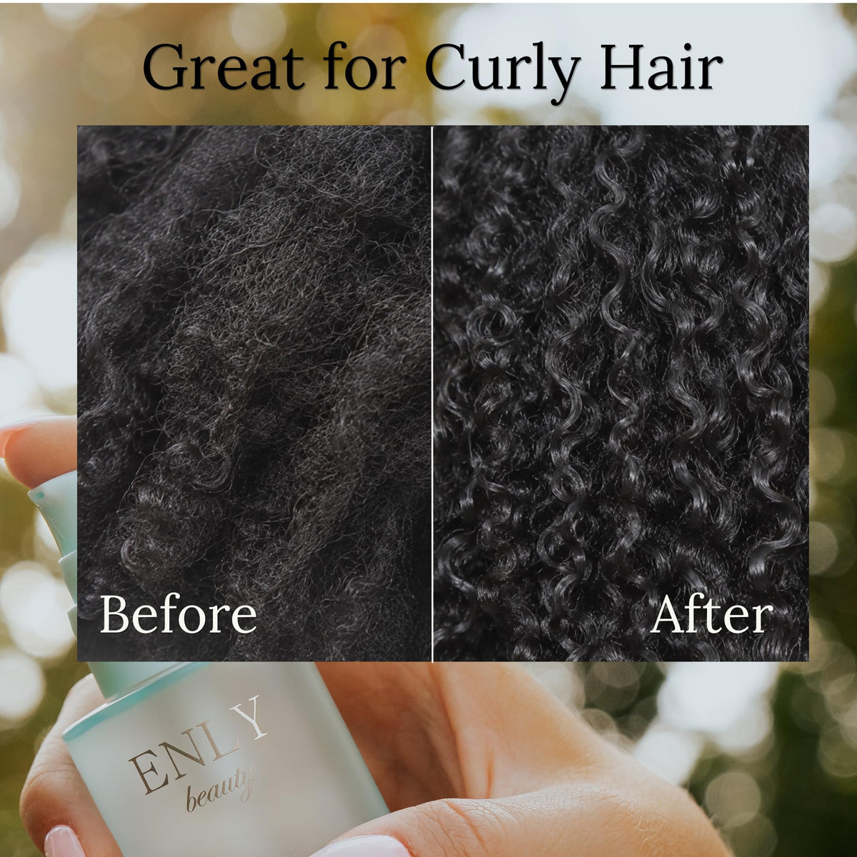 enly beauty application on curly hair demonstrating defined, frizz-controlled curls