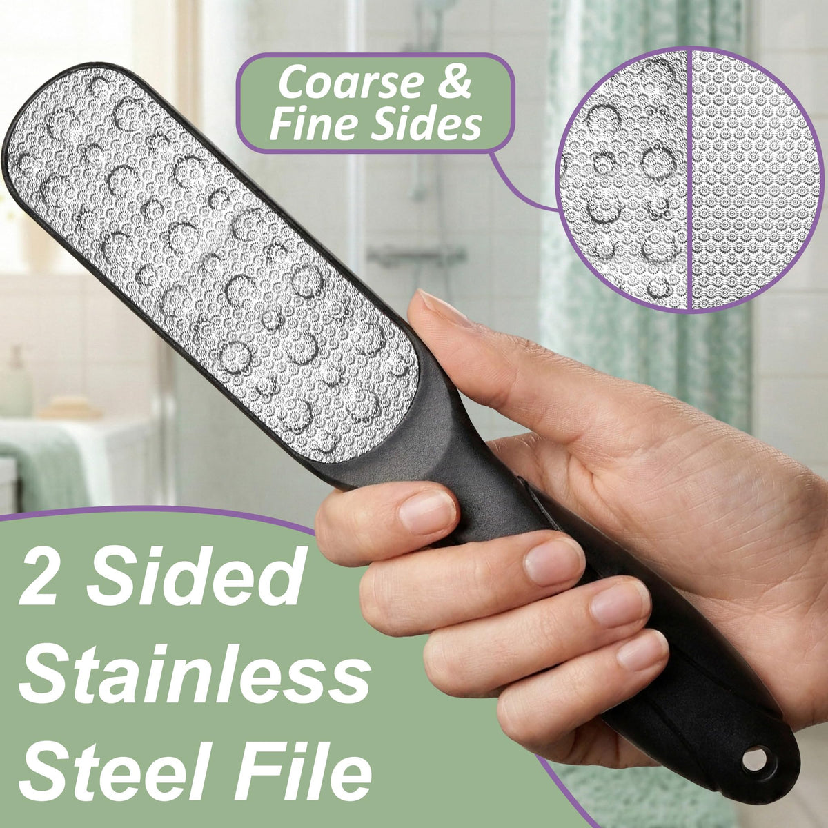 EntreFeet double-sided stainless-steel file detail for efficient callus removal