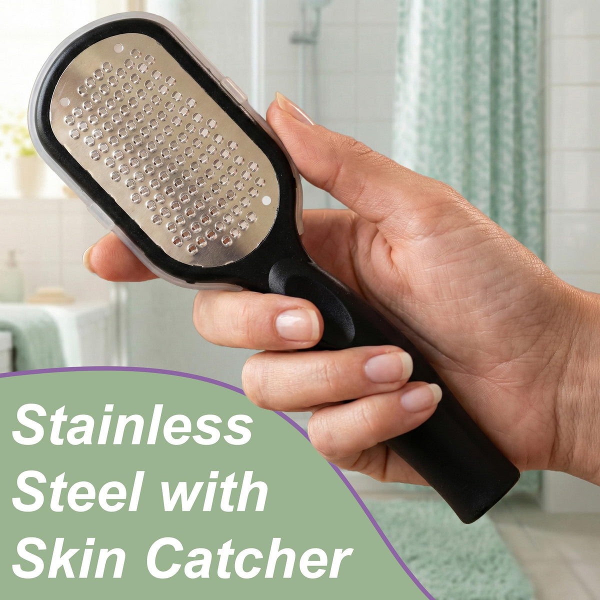 EntreFeet stainless foot file detail demonstrating sturdy teeth for effective scraping