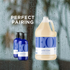 EO soap transferred to sink dispenser illustrating daily use and aromatherapy benefit