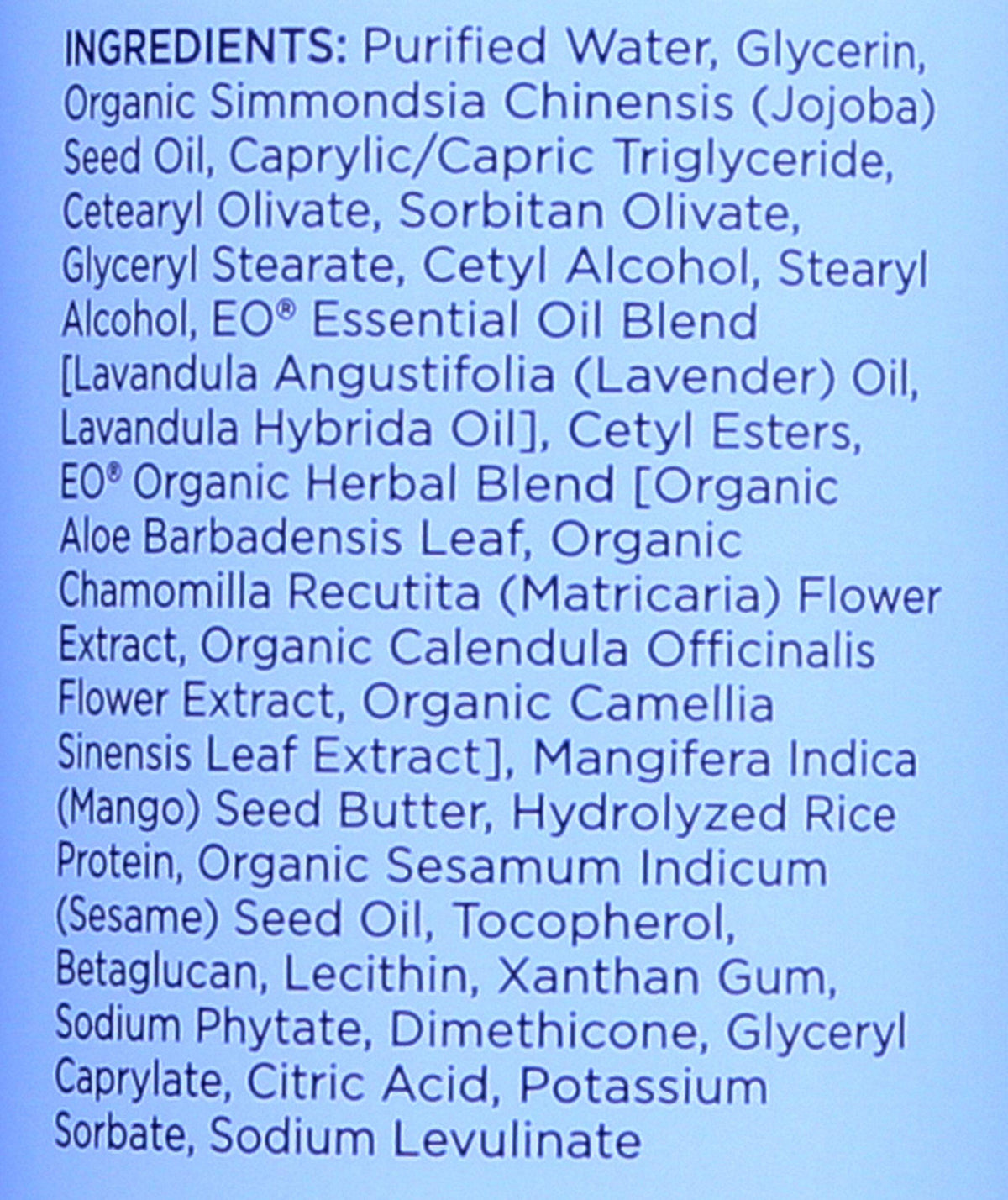 EO close-up label with French Lavender branding and clear ingredient visibility benefit